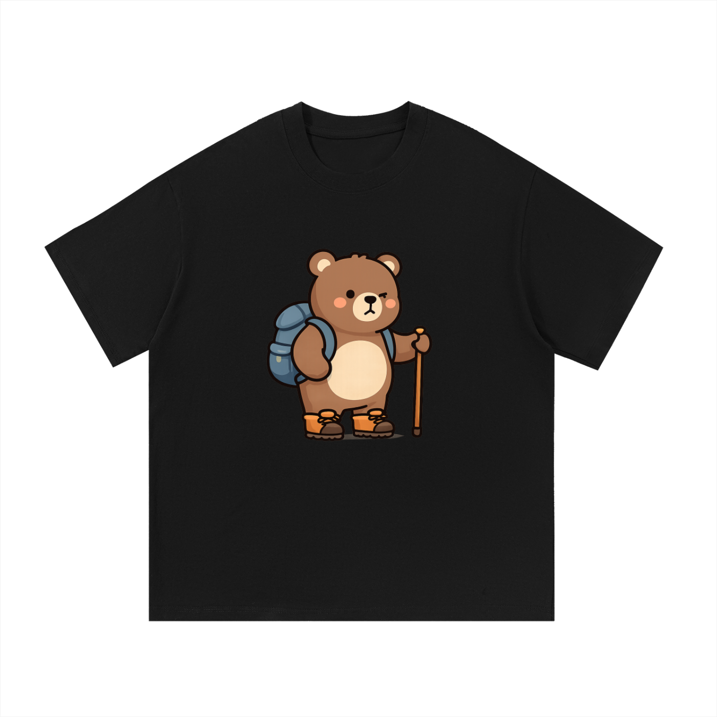 Cute Hiking Bear Illustrated Cotton Tee in Black, flat lay.