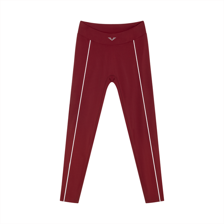 Wing Logo Contrast Piping High-Waist Leggings in Wine Red, flat lay.