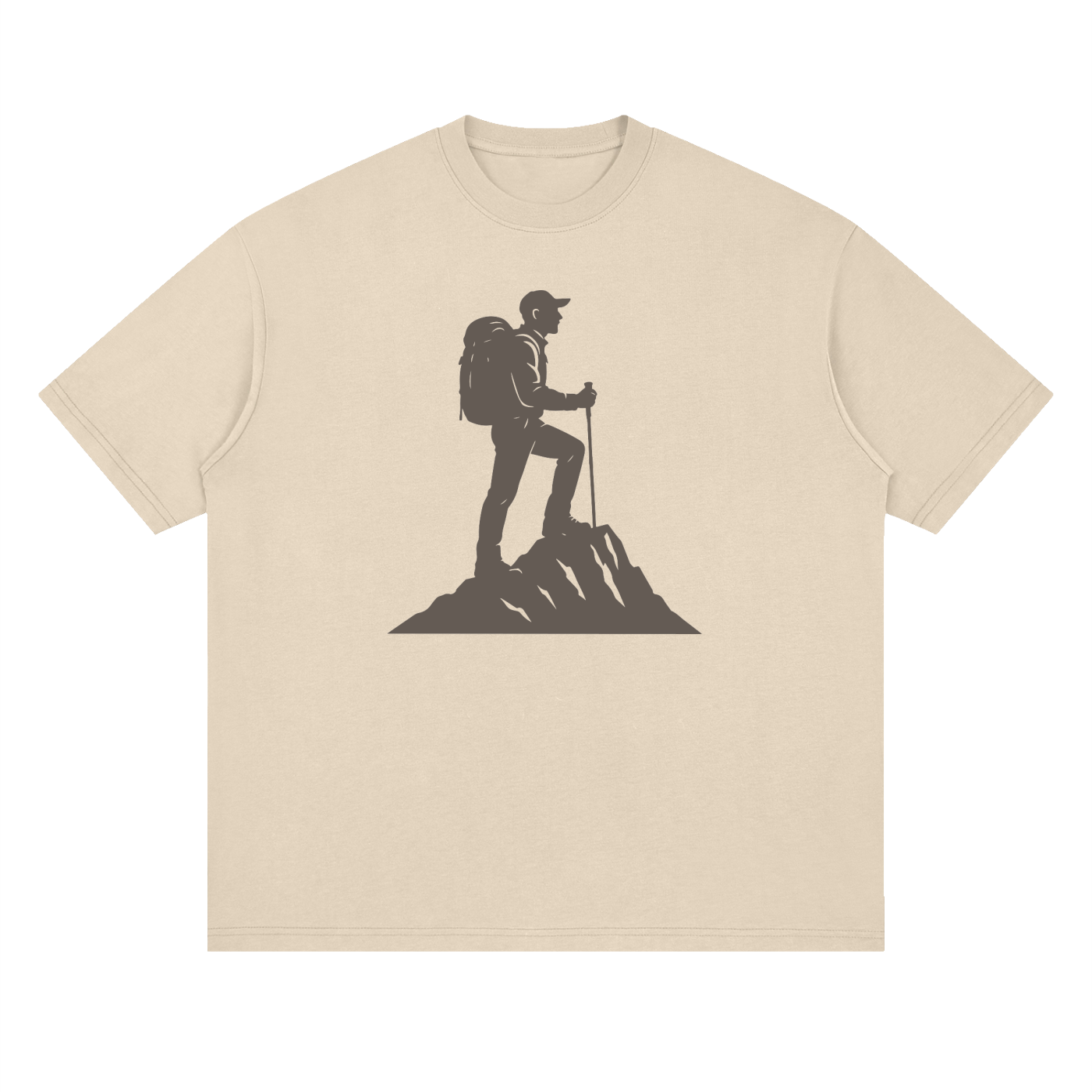 Summit Hiker Silhouette Tonal Print Tee in Gray Apricot, flat lay.