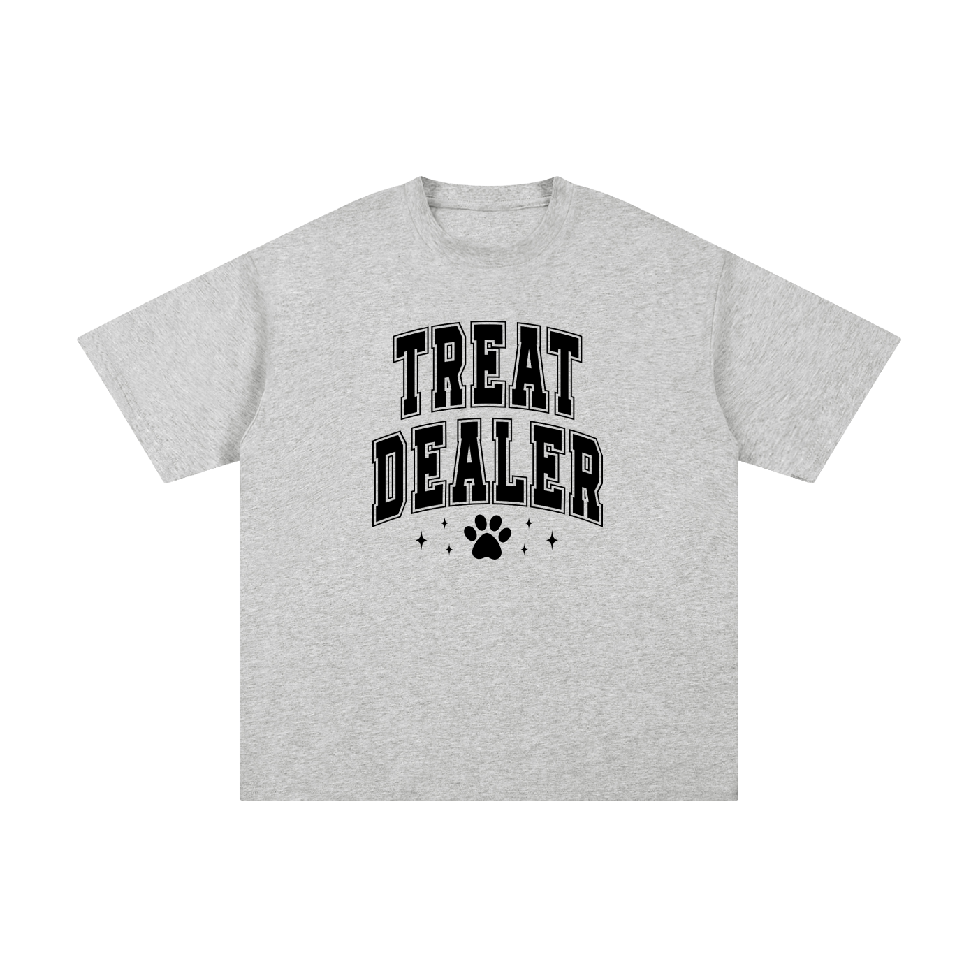 Treat Dealer Varsity Paw Print Cotton Tee in Flower Gray, flat lay.