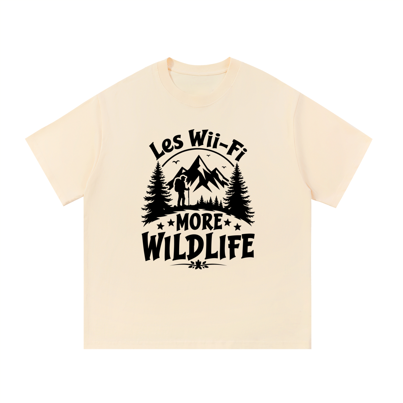 Less Wi-Fi More Wildlife Mountain Tee in Apricot, flat lay.