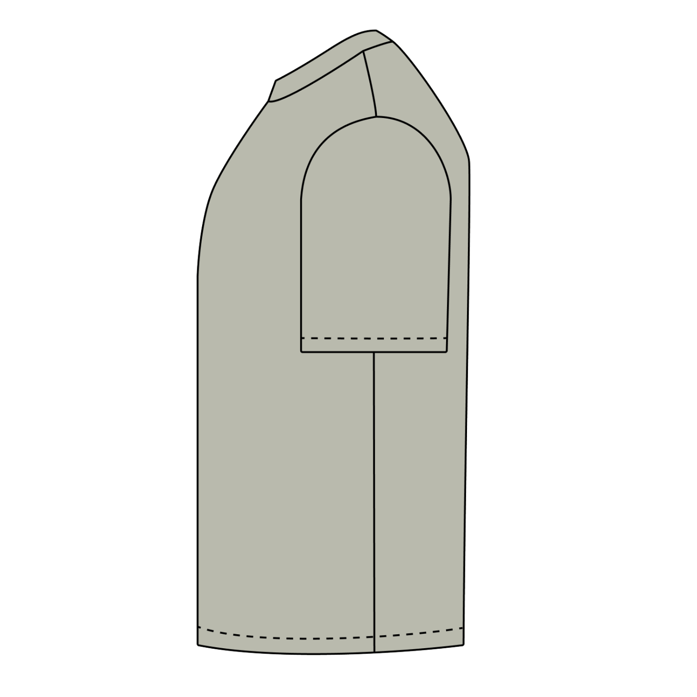 Official Bigfoot Research Team Retro Sunset Tee in Army Green, technical side-view drawing.