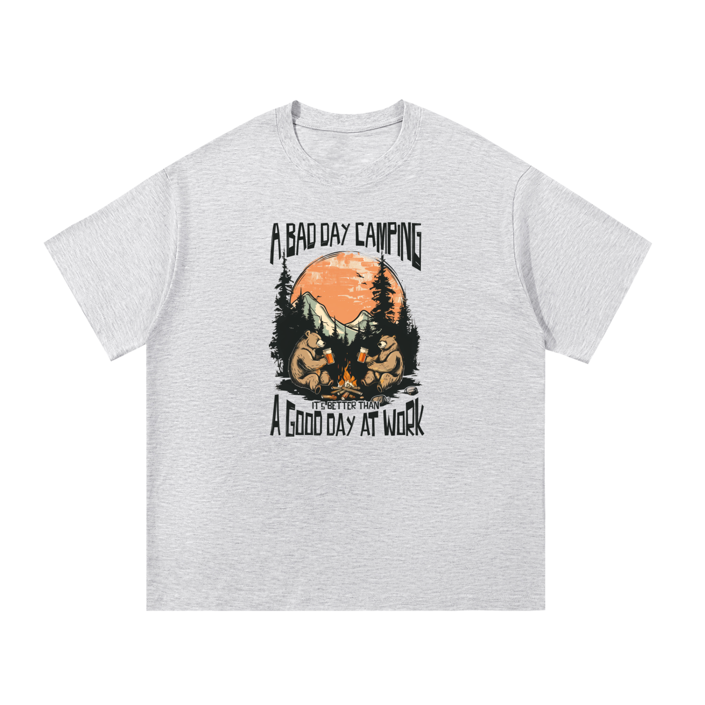 A Bad Day Camping Beats A Good Day At Work Tee in White Gray, flat lay.