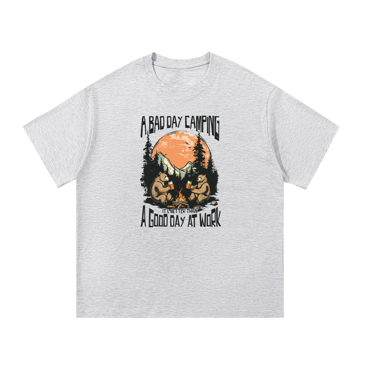 A Bad Day Camping Beats A Good Day At Work Tee in White Gray, flat lay.