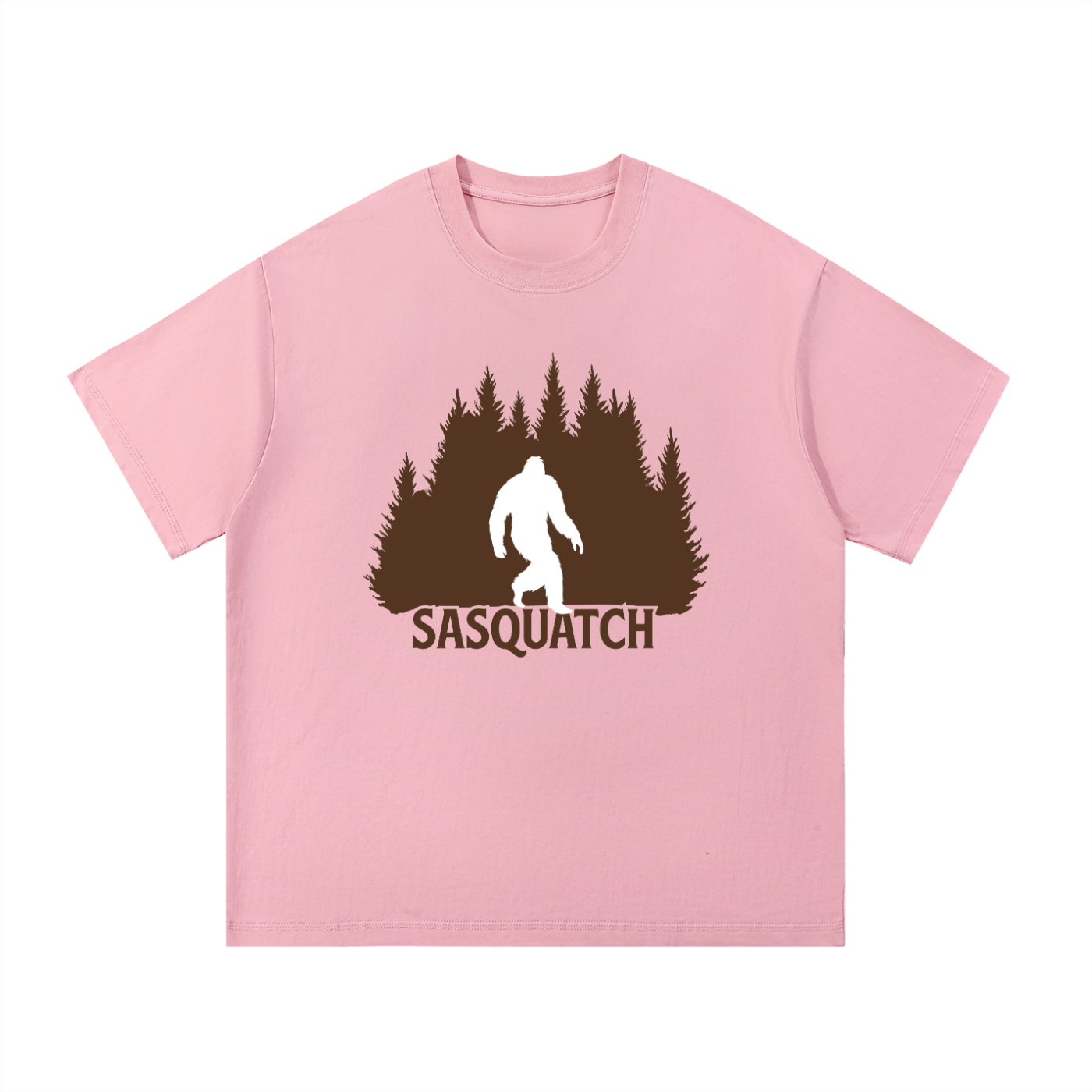 Sasquatch Forest Silhouette Cotton Tee in Pink, flat lay.