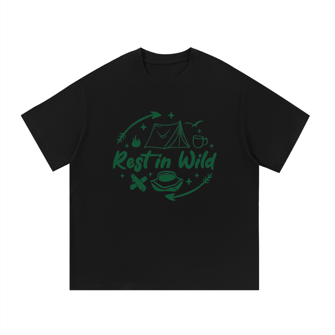 Rest In Wild Camping Line Art Tee in Black, flat lay.