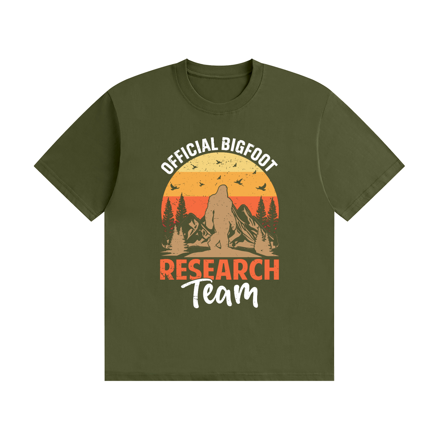Official Bigfoot Research Team Retro Sunset Tee in Army Green, flat lay.