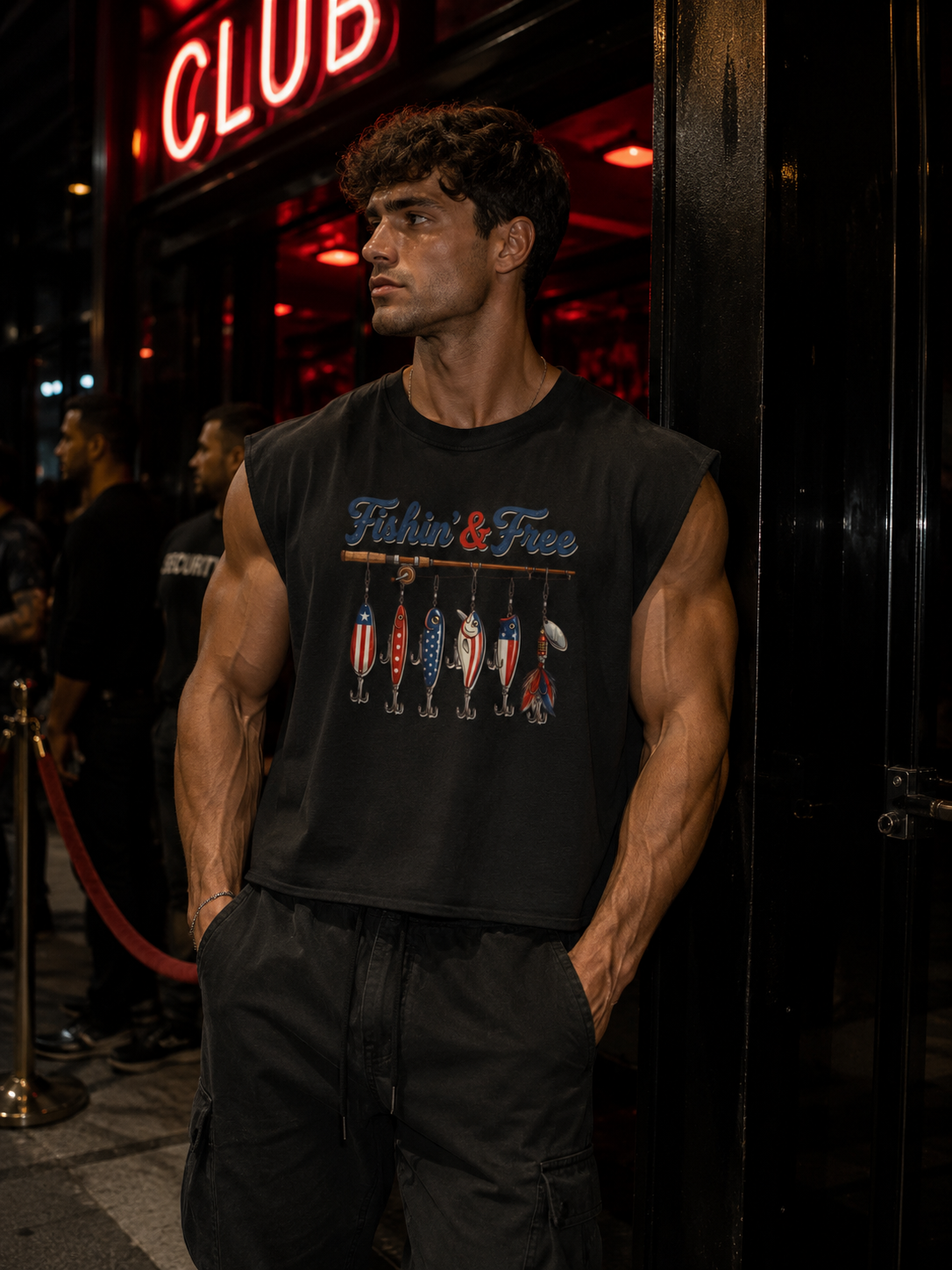 Fishin' And Free Lure Sleeveless Muscle Tank in Black, worn on a city street at night.