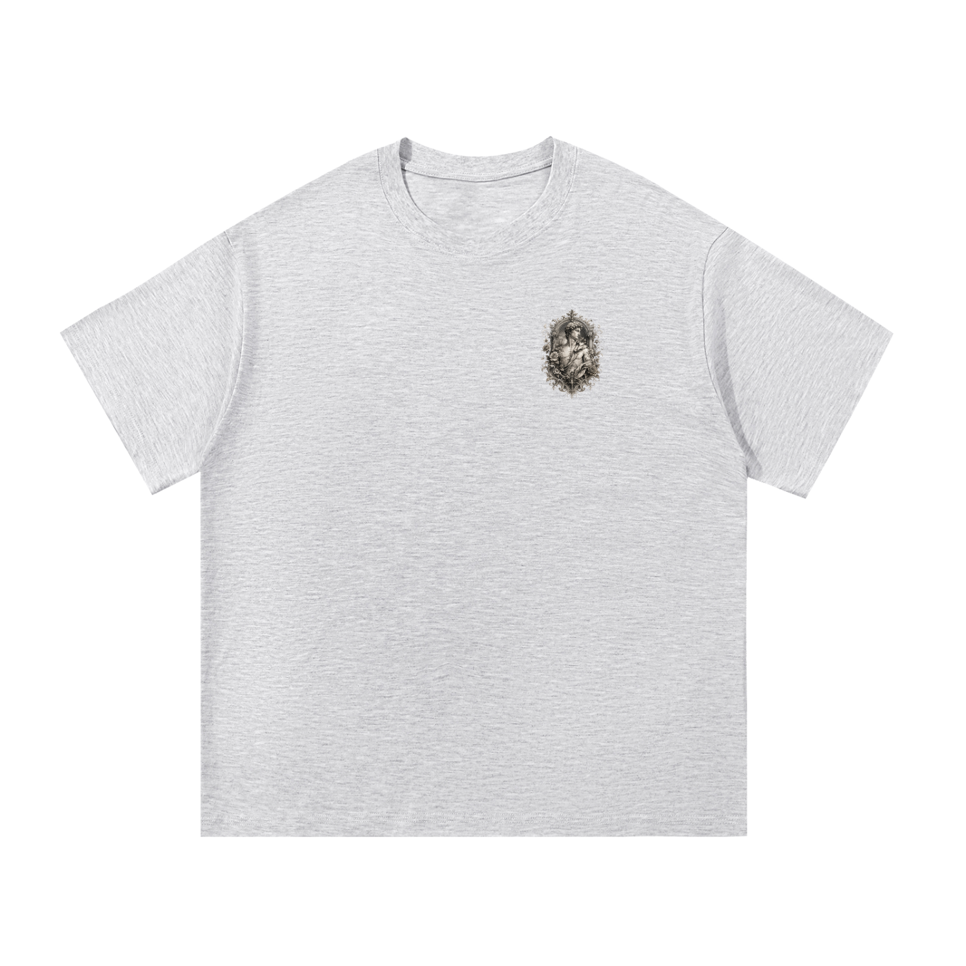 Baroque Statue Crest Left-Chest Cotton Tee in White Gray, flat lay.