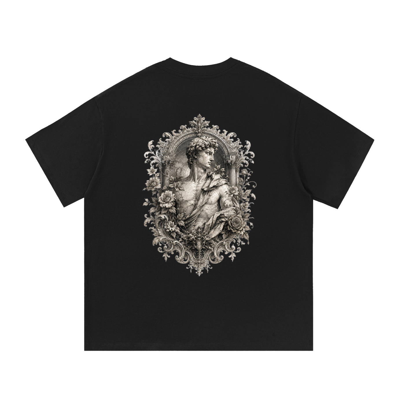 Baroque Statue Crest Left-Chest Cotton Tee in Black, back view.