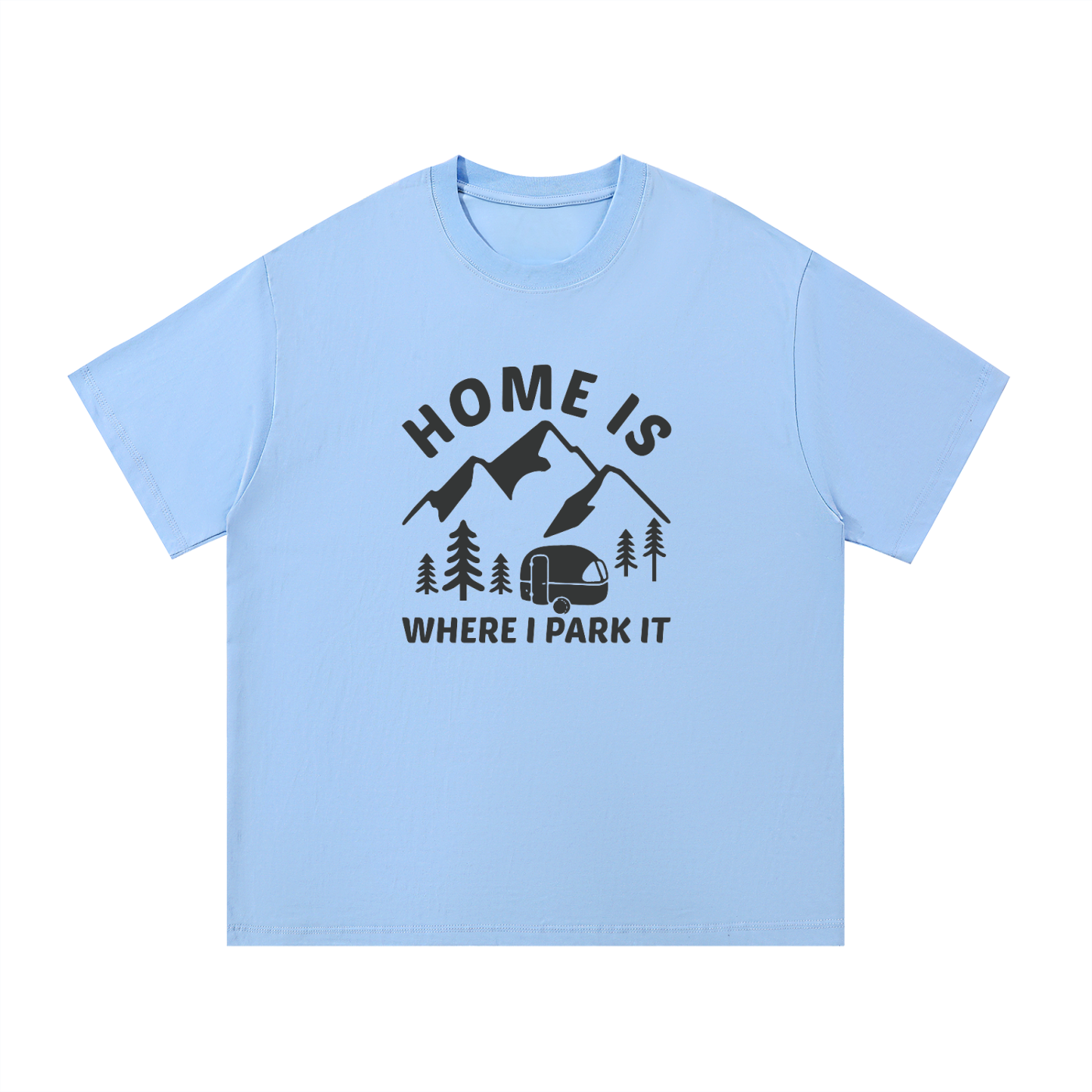 Home Is Where I Park It Tonal Caravan Tee in Blue, flat lay.