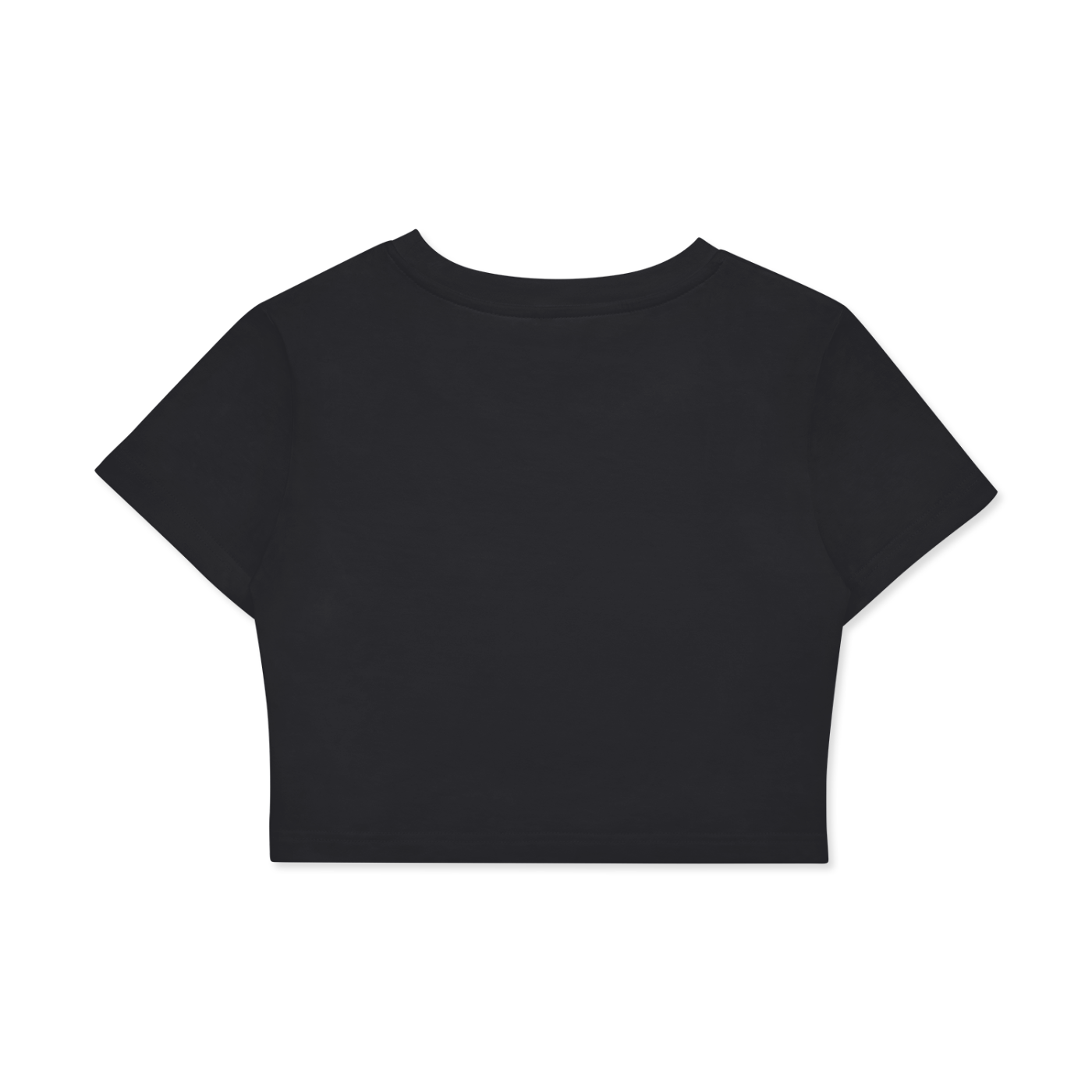 Teach Compassion Kindness Confidence Crop Tee in Black Beauty, back view.