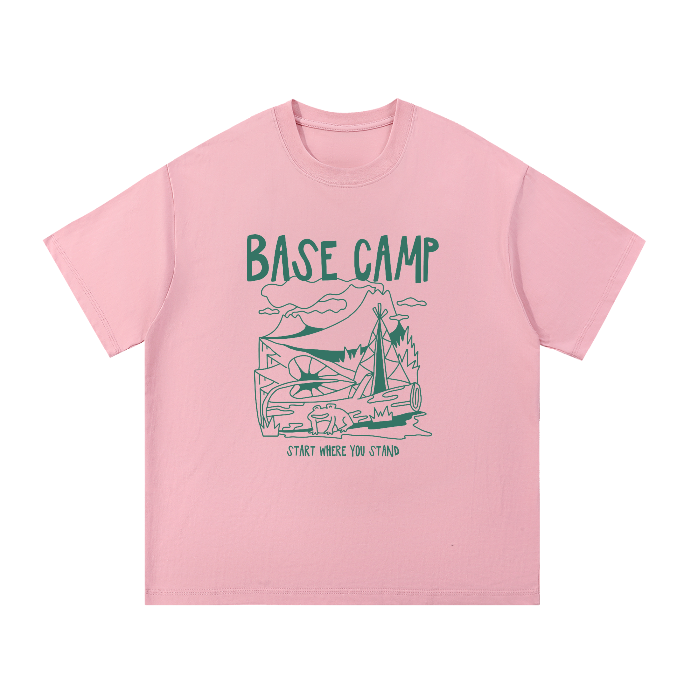 Base Camp Start Where You Stand Line Art Tee in Pink, flat lay.