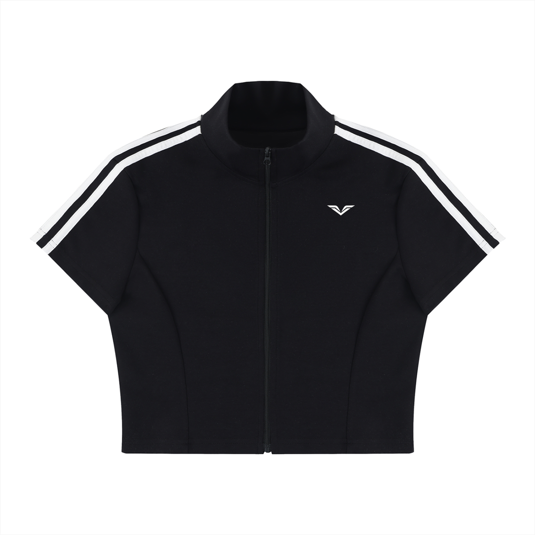 Wing Logo Cropped Full-Zip Short Sleeve Top in Black, flat lay.