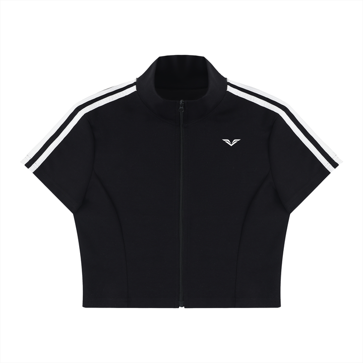 Wing Logo Cropped Full-Zip Short Sleeve Top in Black, flat lay.