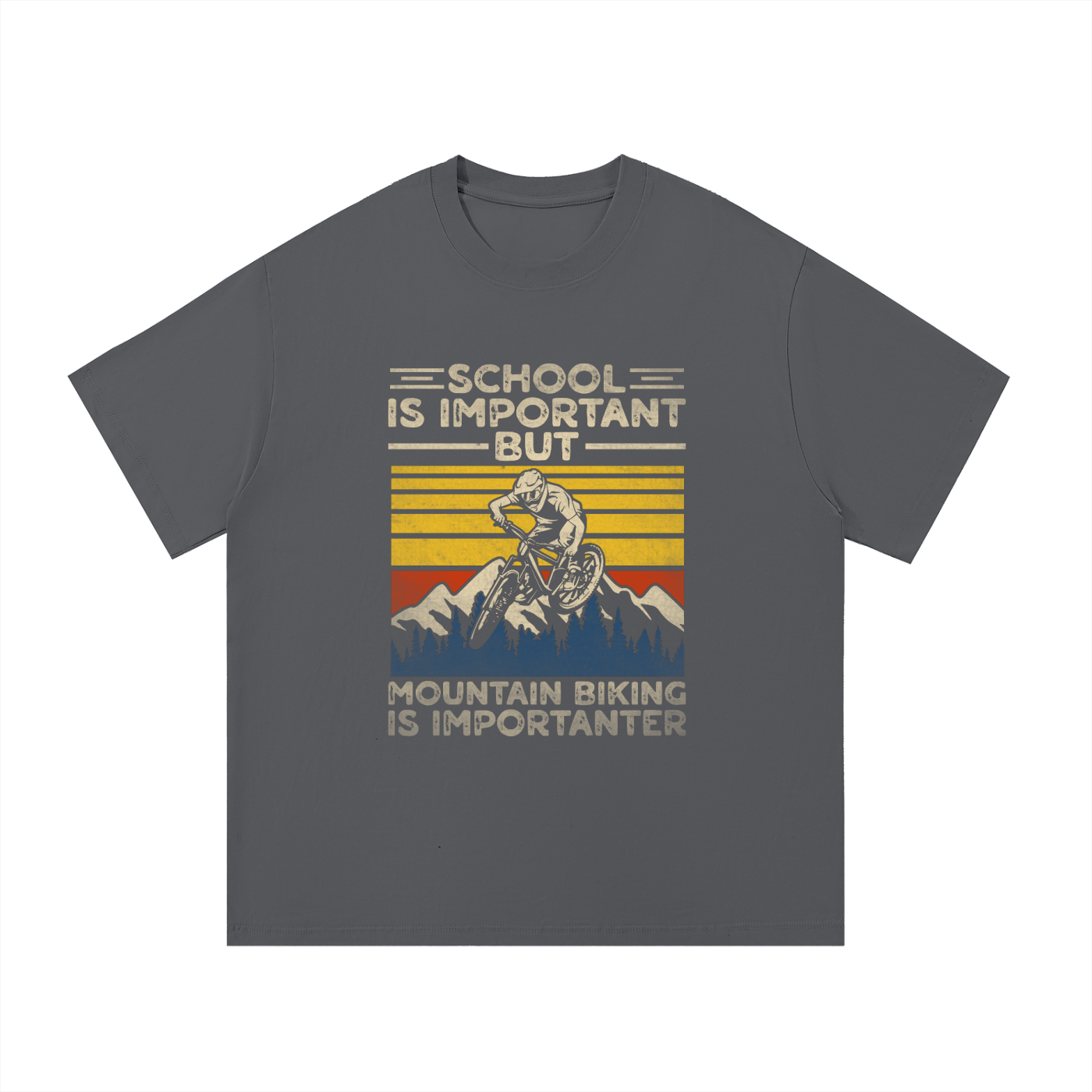 Mountain Biking Is Importanter Funny Tee in Dark Gray, flat lay.
