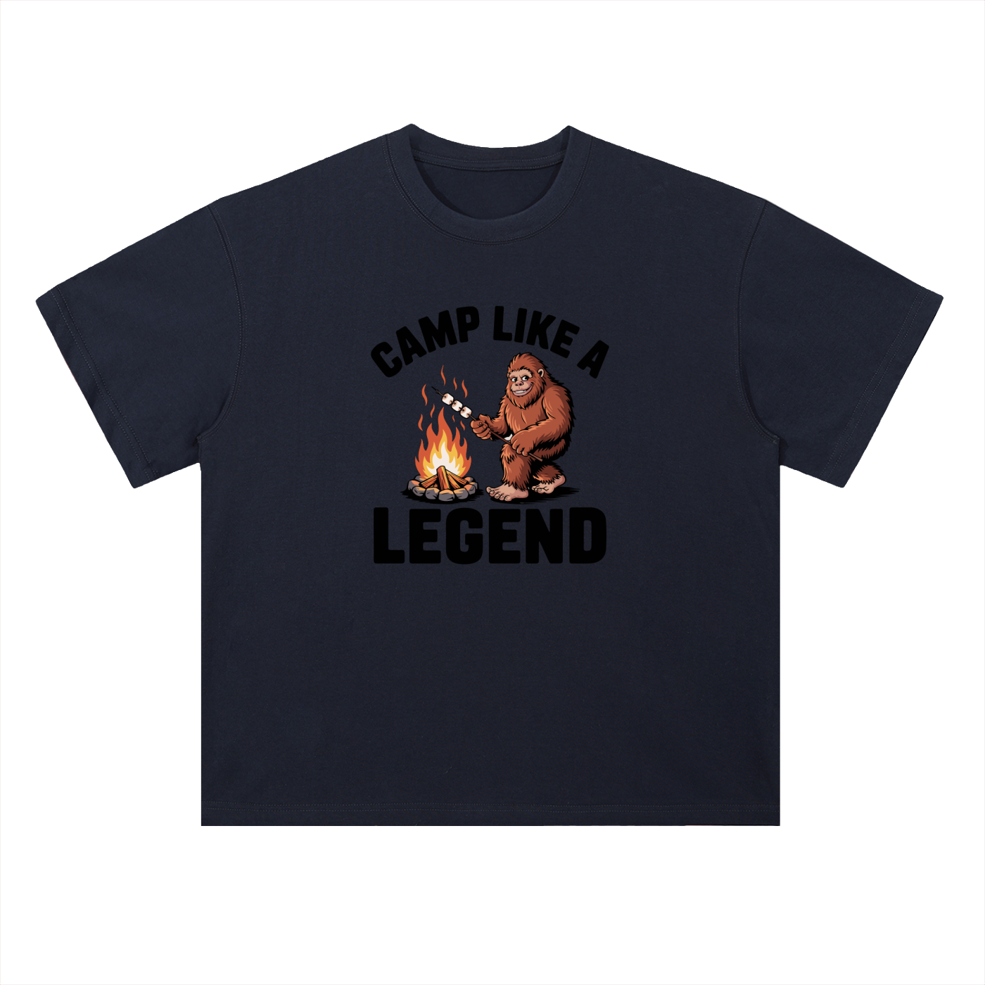 Camp Like A Legend Bigfoot Campfire Tee in Navy, flat lay.
