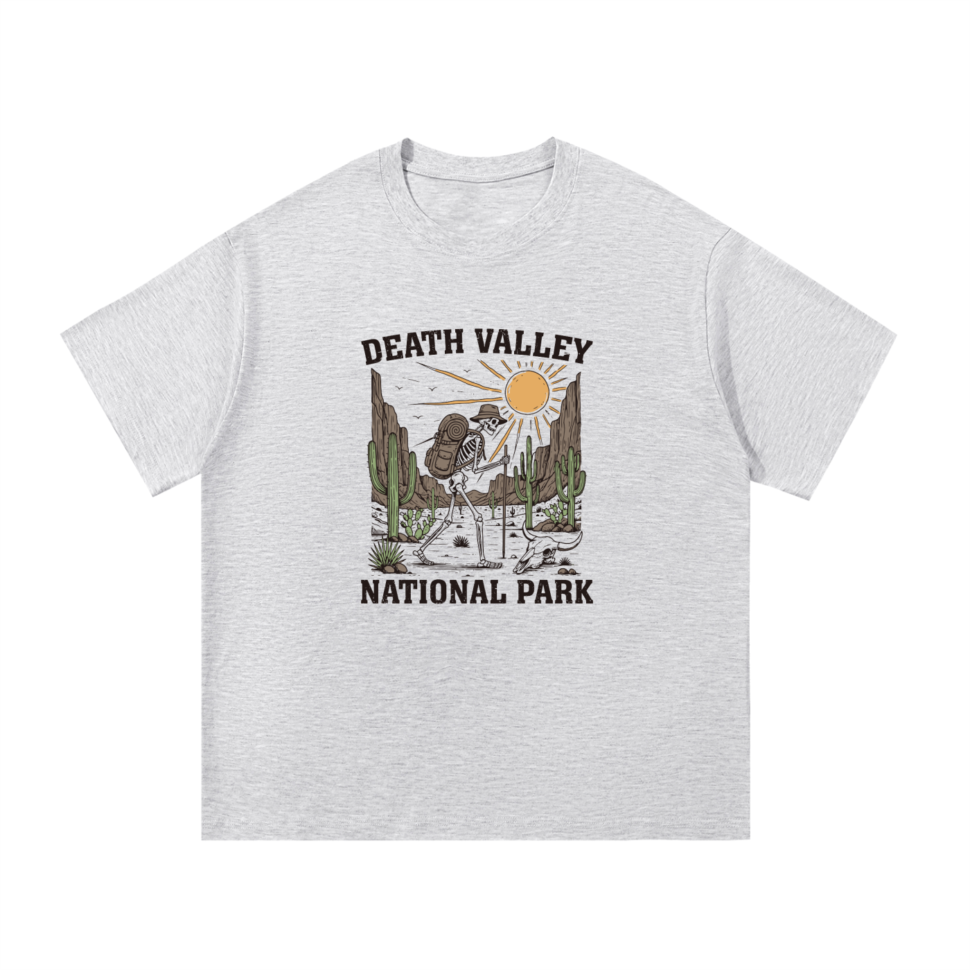 Death Valley National Park Retro Desert Tee in White Gray, flat lay.
