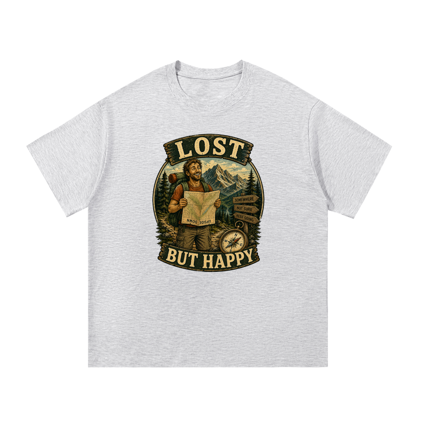 Lost But Happy Vintage Hiker Illustration Tee in White Gray, flat lay.