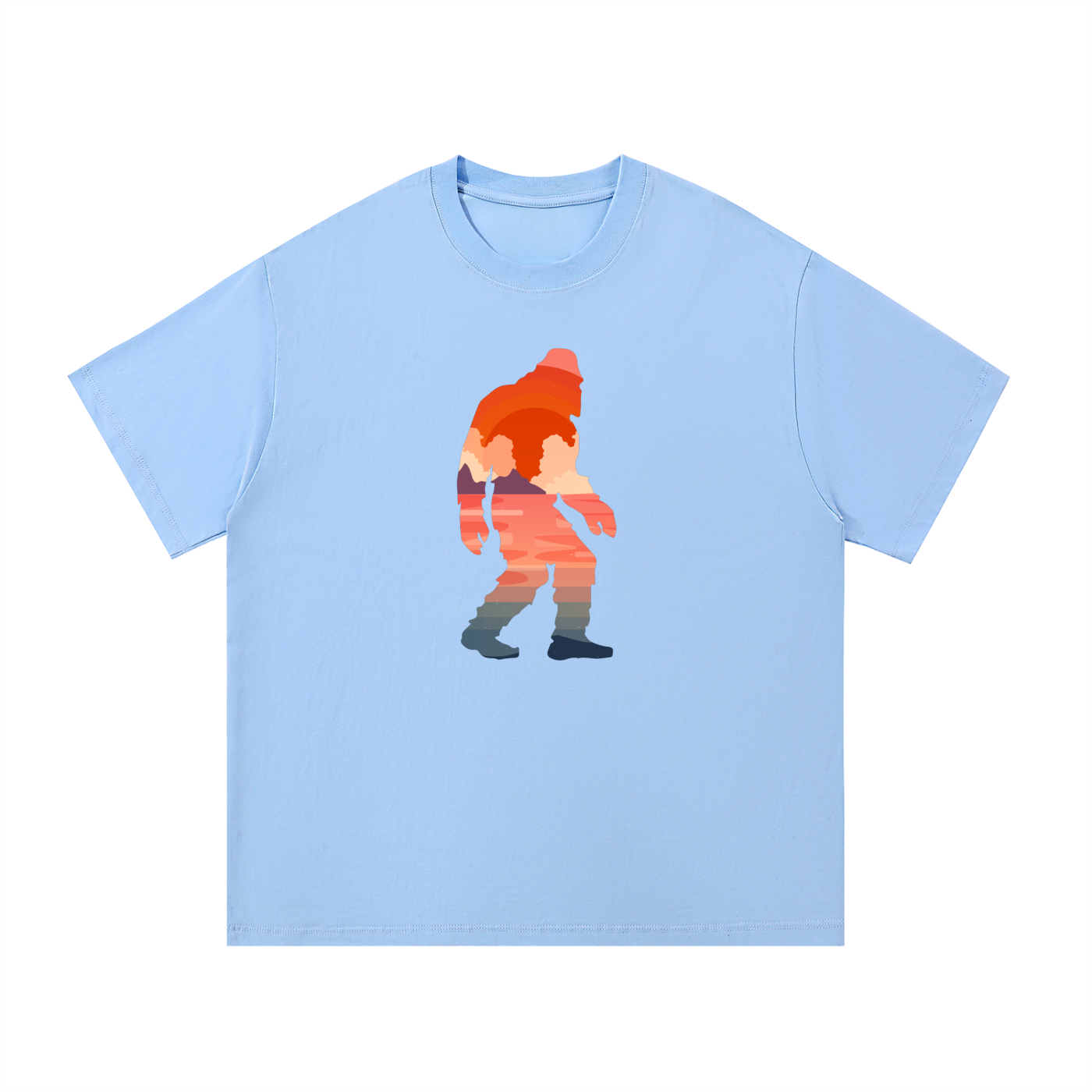 Bigfoot Sunset Double Exposure Cotton Tee in Blue, flat lay.