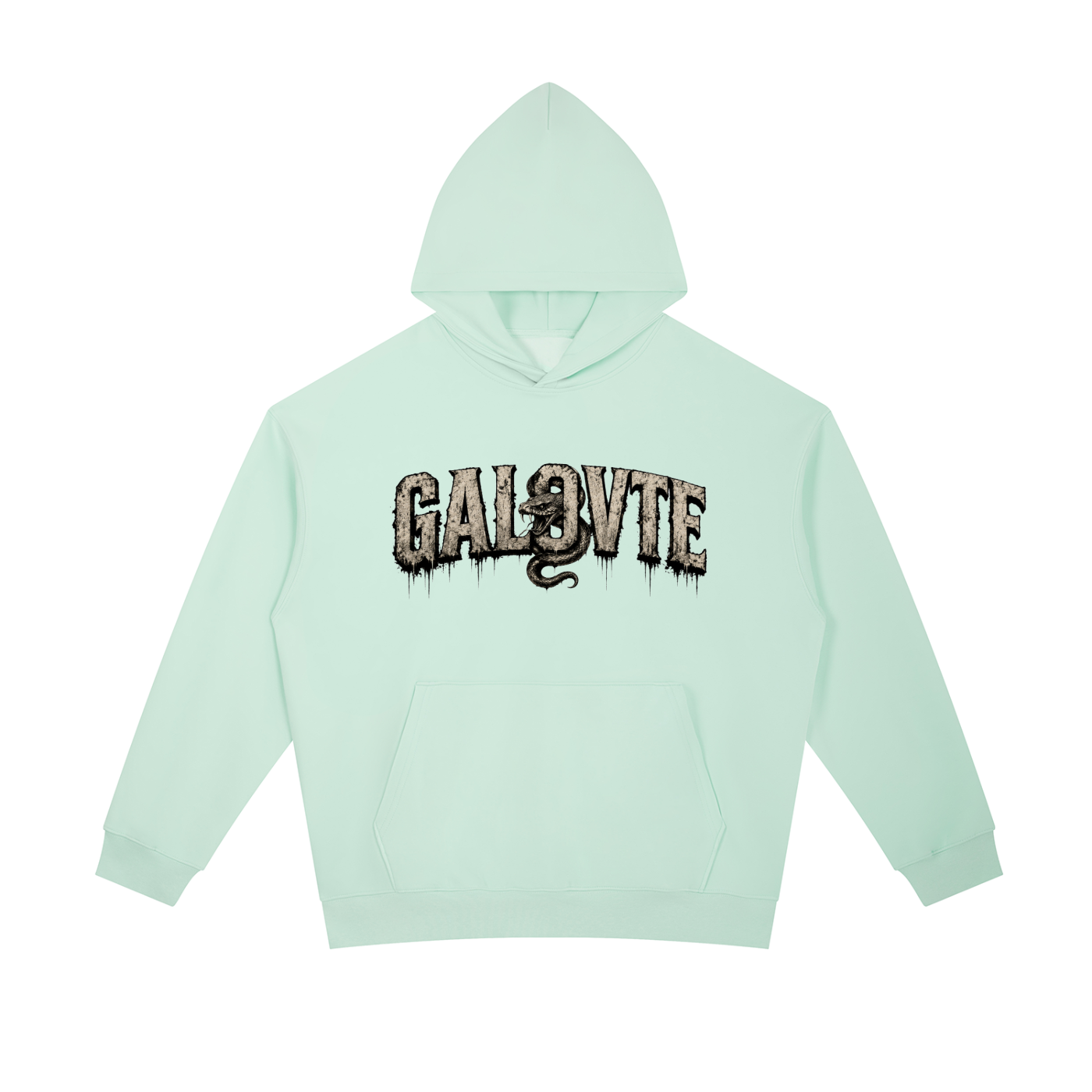 GALOVTE Snake Varsity Graphic Heavyweight Hoodie in Water Blue, flat lay.
