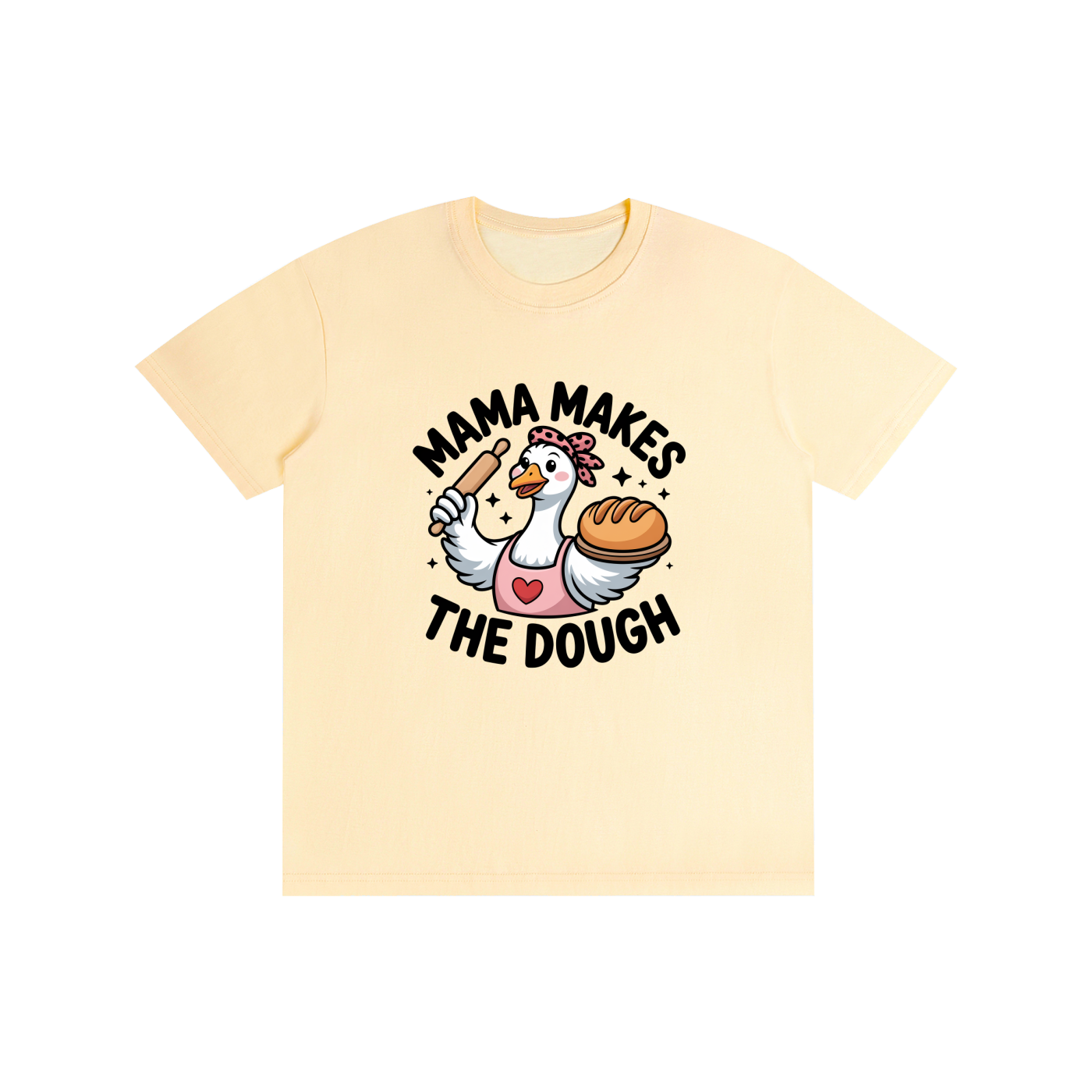 Mama Makes The Dough Baking Goose Tee in Light Apricot, flat lay.