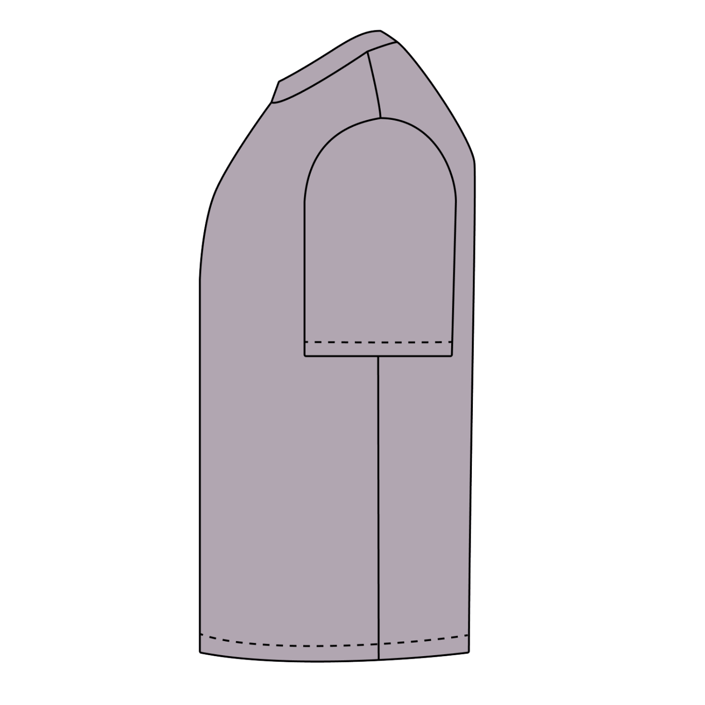Official Bigfoot Research Team Retro Sunset Tee in Purple, technical side-view drawing.