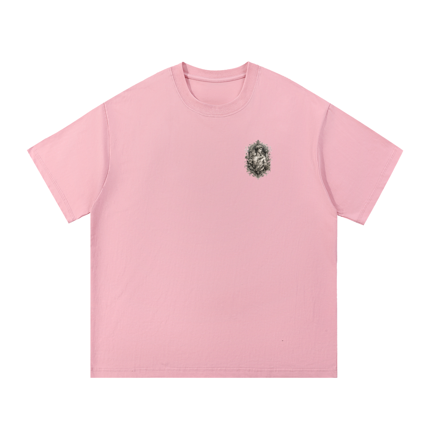 Baroque Statue Crest Left-Chest Cotton Tee in Pink, flat lay.
