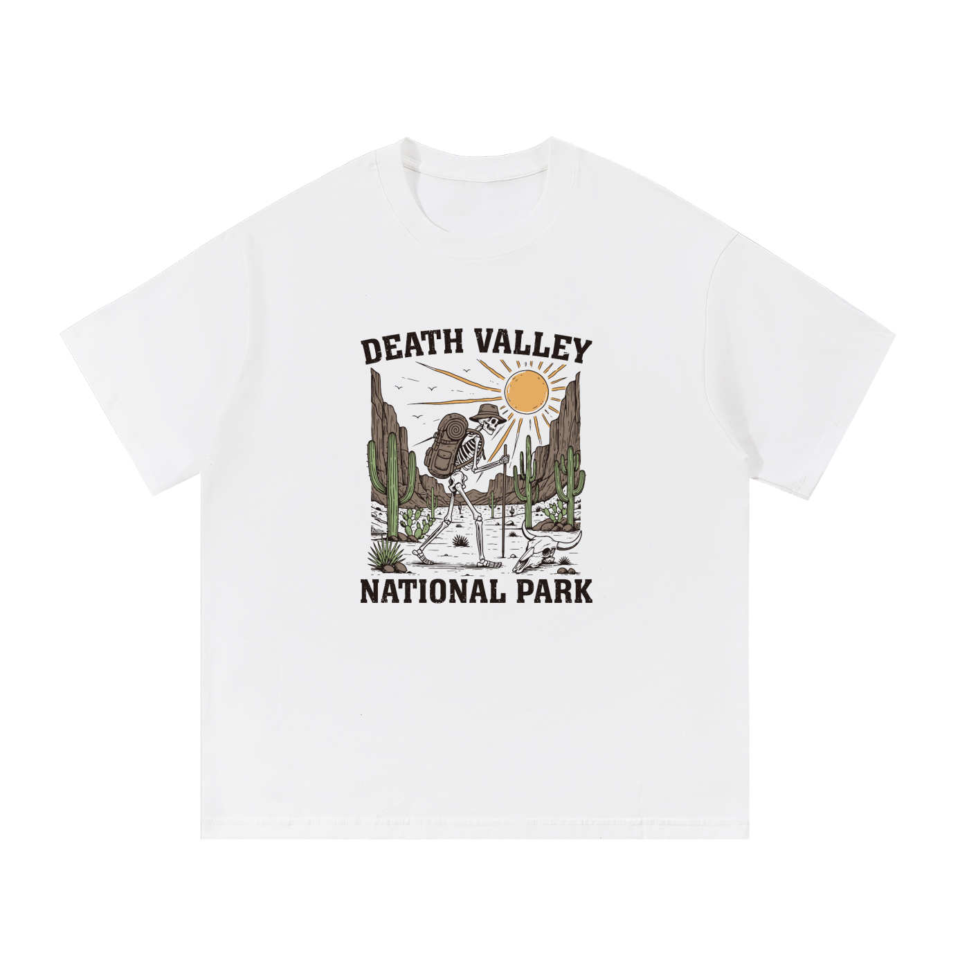 Death Valley National Park Retro Desert Tee in White, flat lay.