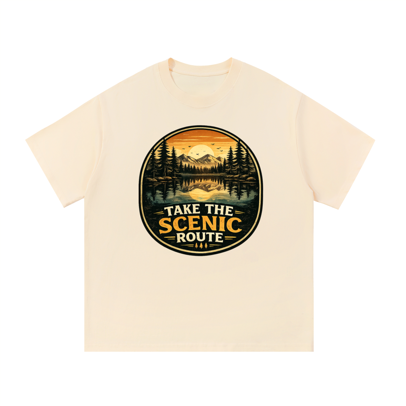 Take The Scenic Route Vintage Lake Badge Tee in Apricot, flat lay.