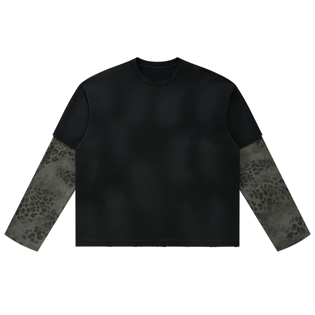 women hoddies  Vintage Wash Leopard Paneled Layer T-Shirt