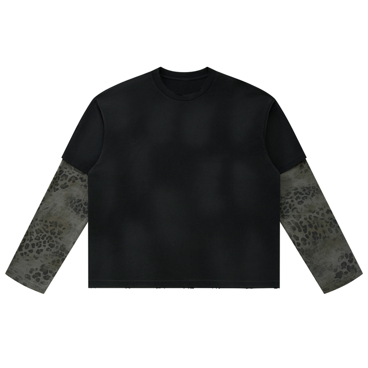 women hoddies  Vintage Wash Leopard Paneled Layer T-Shirt