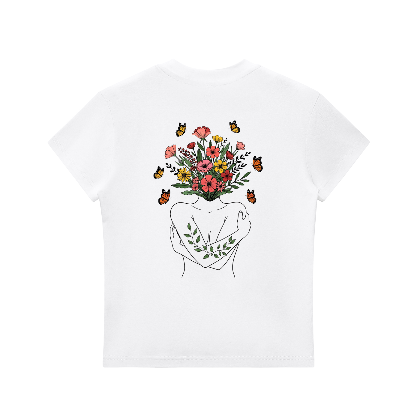 Wildflower Line Art Left-Chest Bodycon Tee in White, back view.