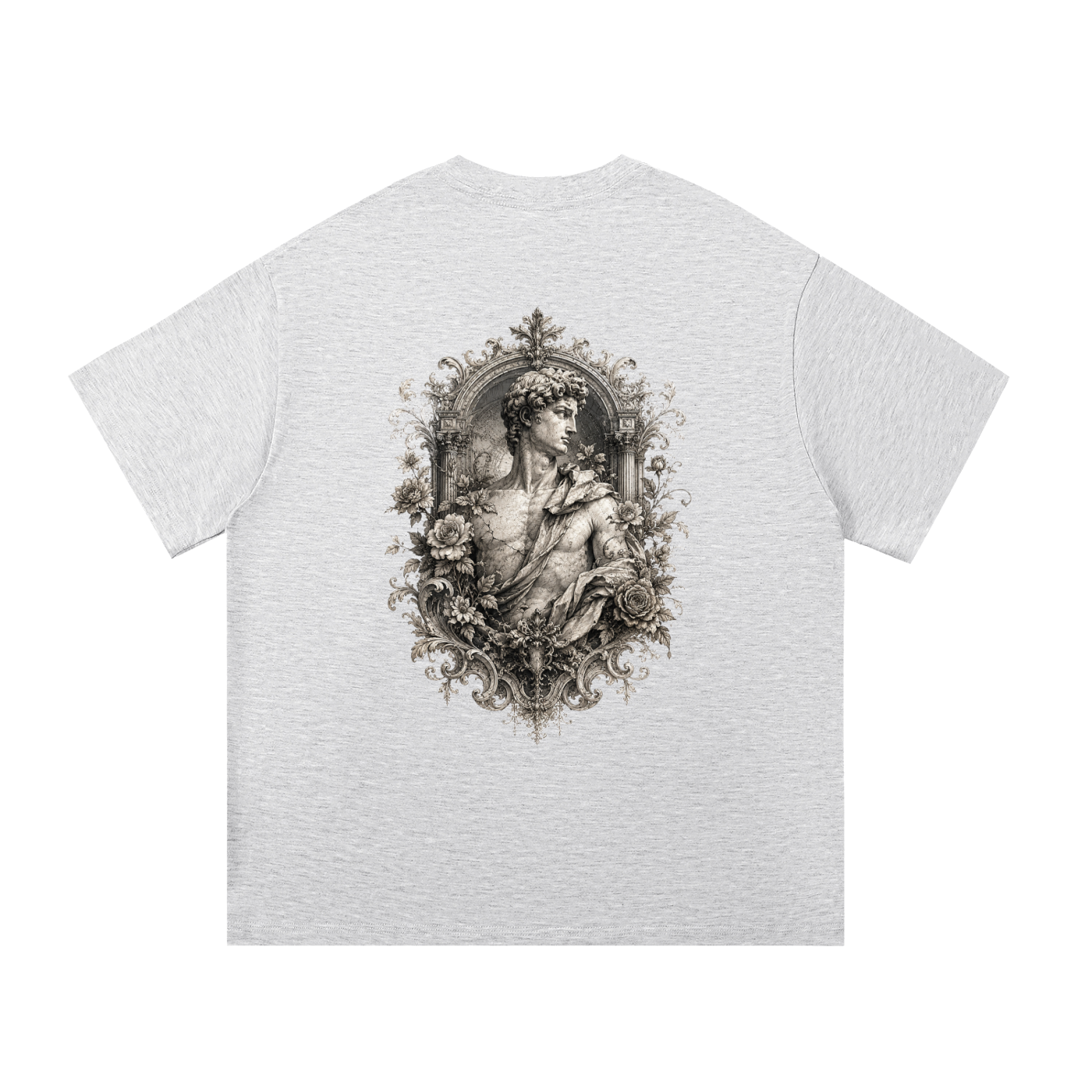 Baroque Statue Crest Left-Chest Cotton Tee in White Gray, back view.