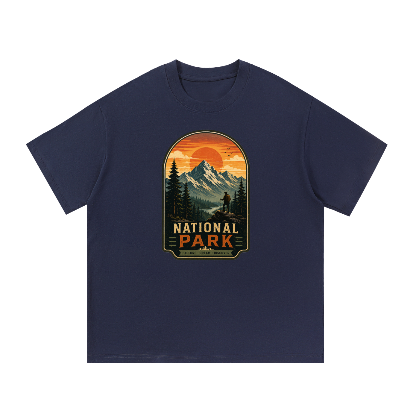 National Park Explore Dream Discover Badge Tee in Navy Blue, flat lay.