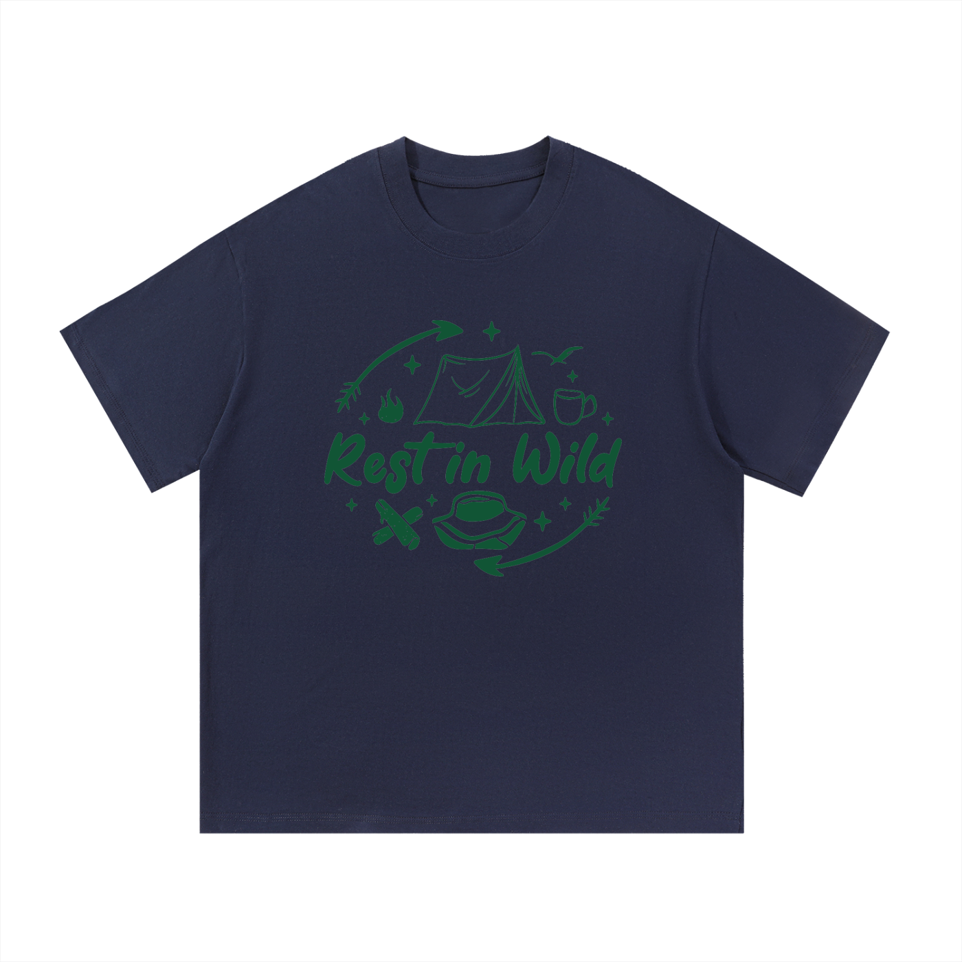 Rest In Wild Camping Line Art Tee in Navy Blue, flat lay.