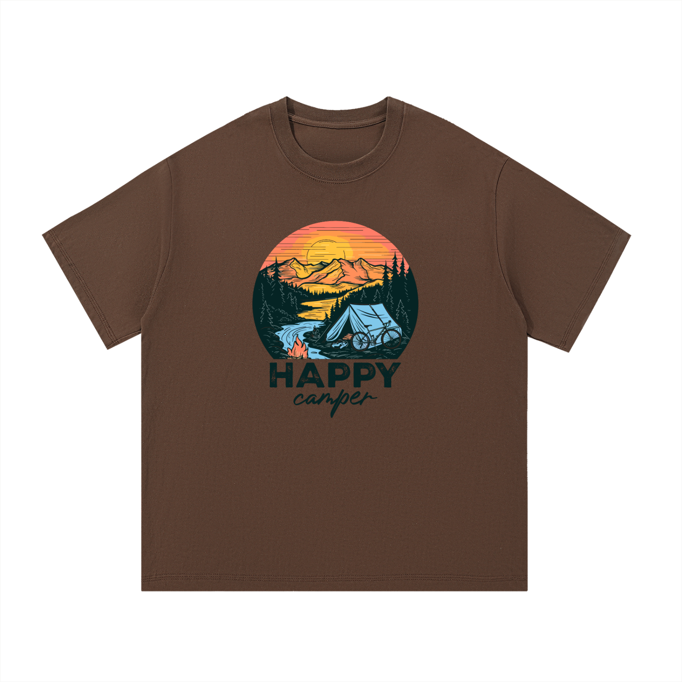 Happy Camper Sunset Tent Illustrated Tee in Coffee, flat lay.
