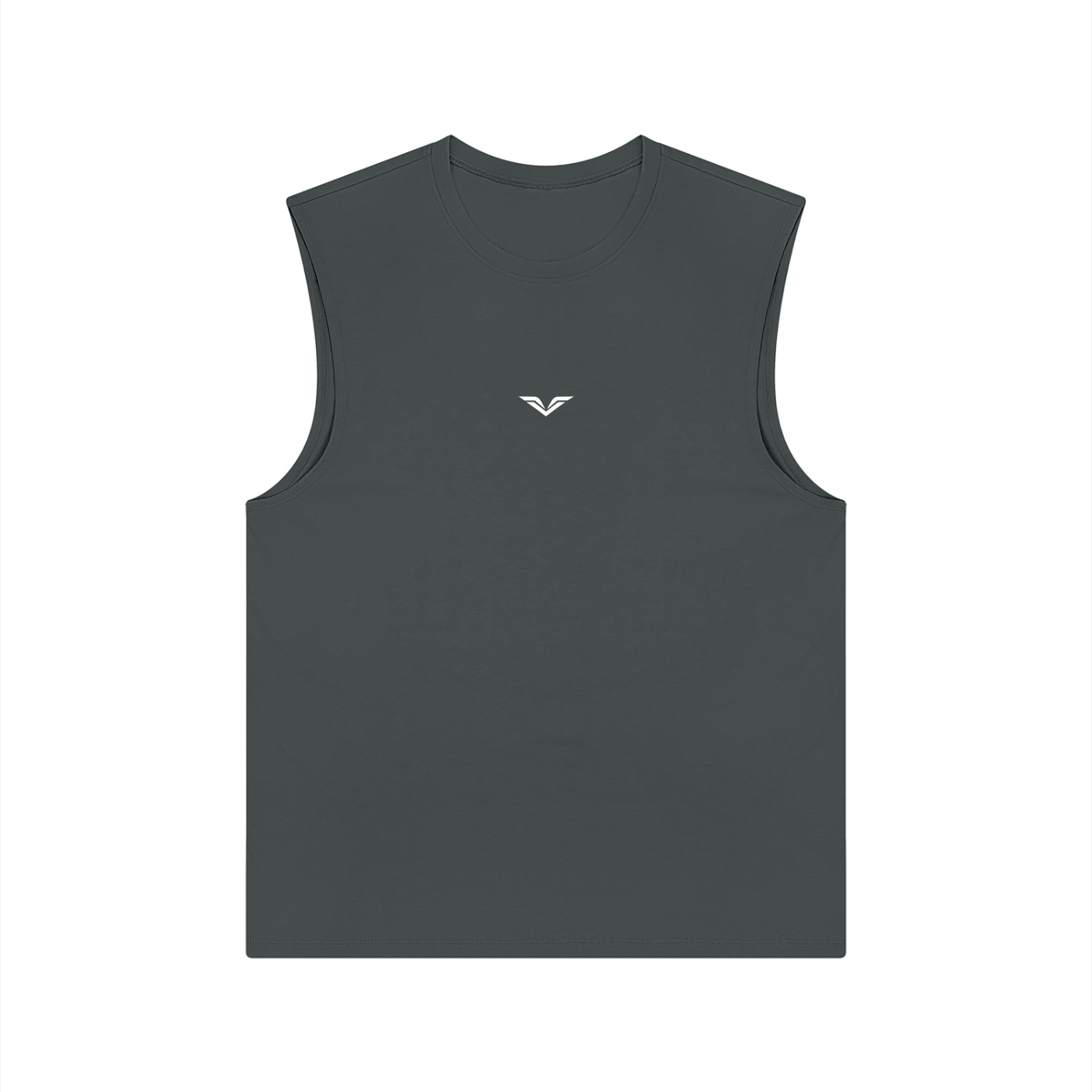 Wing Logo Performance Training Tank in Dark Gray, flat lay.