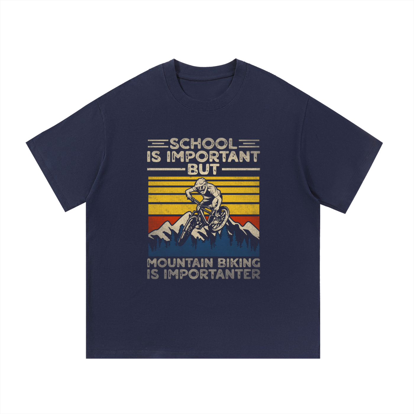 Mountain Biking Is Importanter Funny Tee in Navy Blue, flat lay.