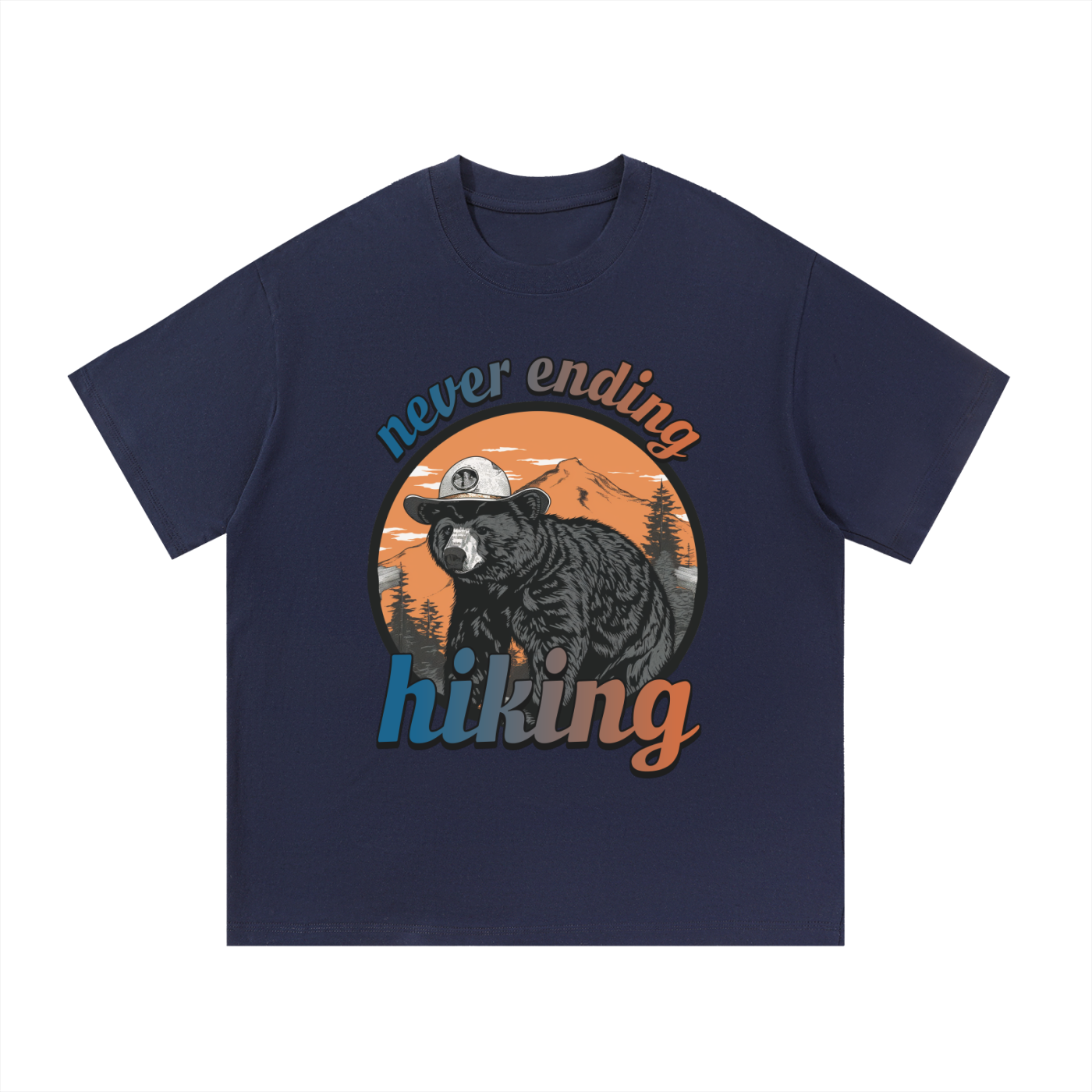 Never Ending Hiking Retro Bear Cotton Tee in Navy Blue, flat lay.