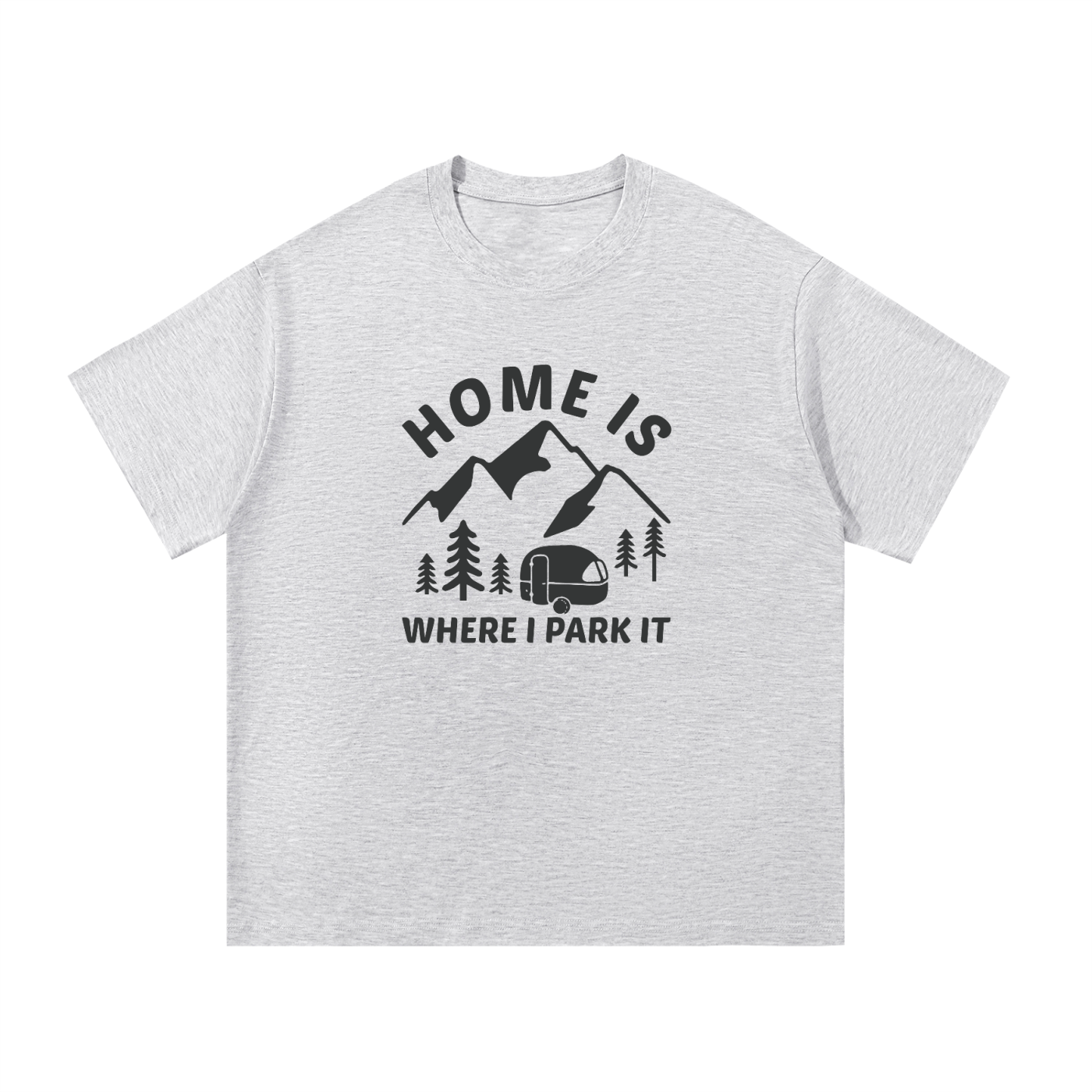 Home Is Where I Park It Tonal Caravan Tee in White Gray, flat lay.