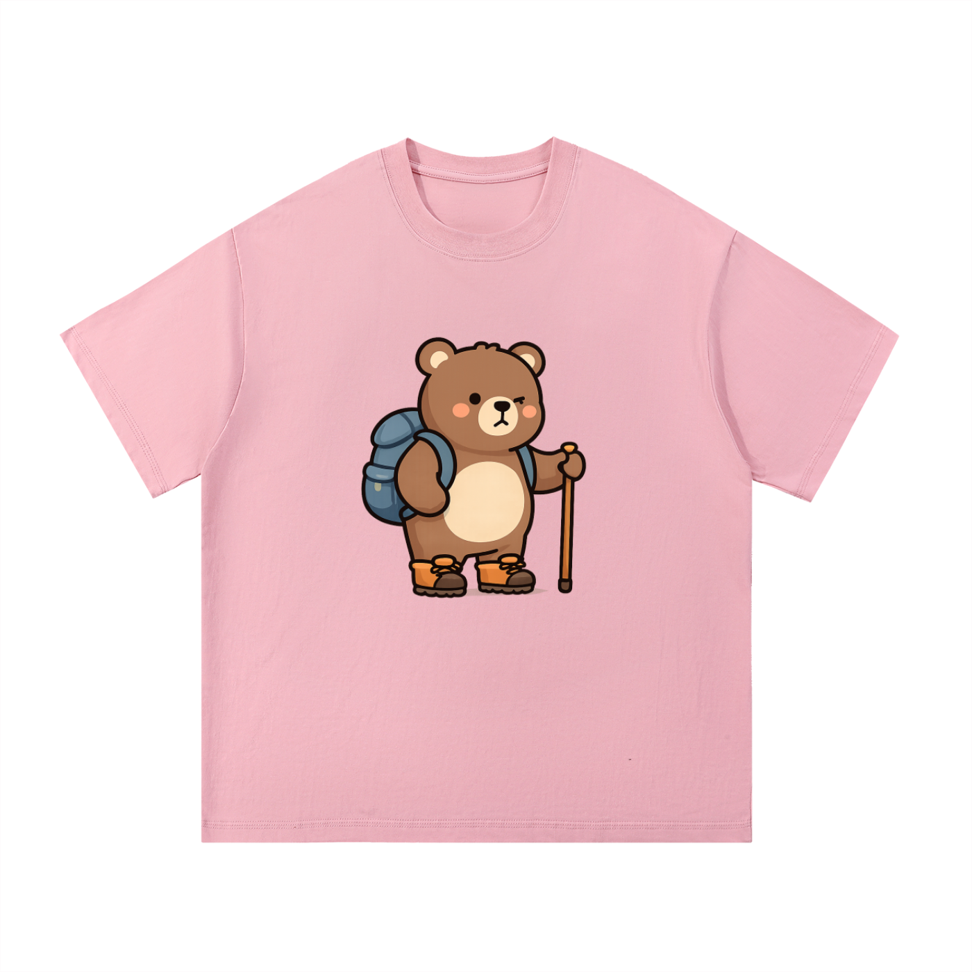 Cute Hiking Bear Illustrated Cotton Tee in Pink, flat lay.
