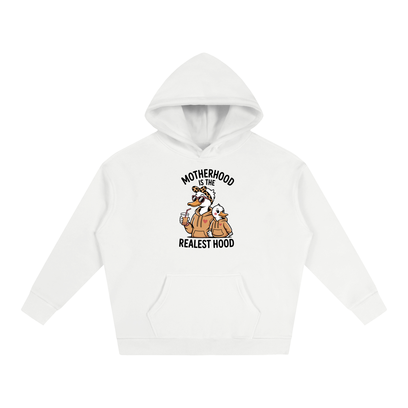 Motherhood Is The Realest Hood Goose Hoodie in White, flat lay.