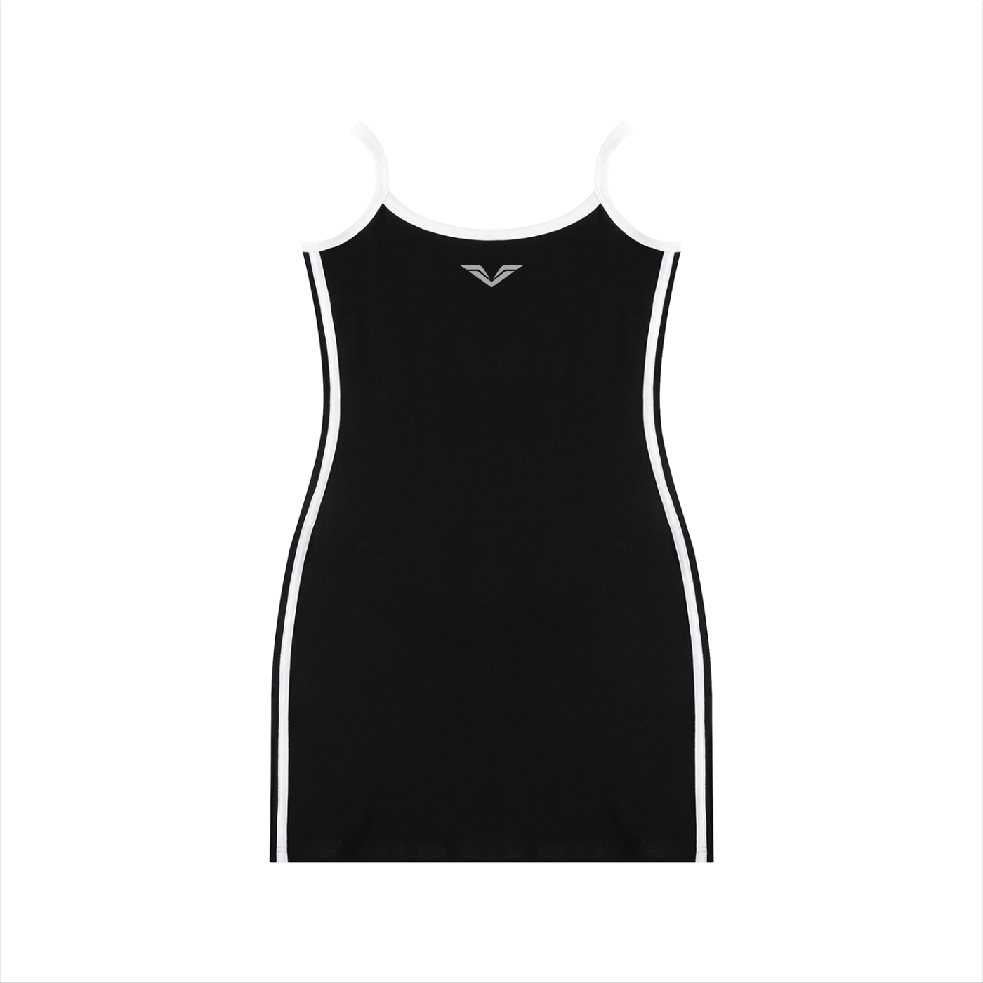 Wing Logo Colour-Block Strappy Mini Dress in Black, back view.