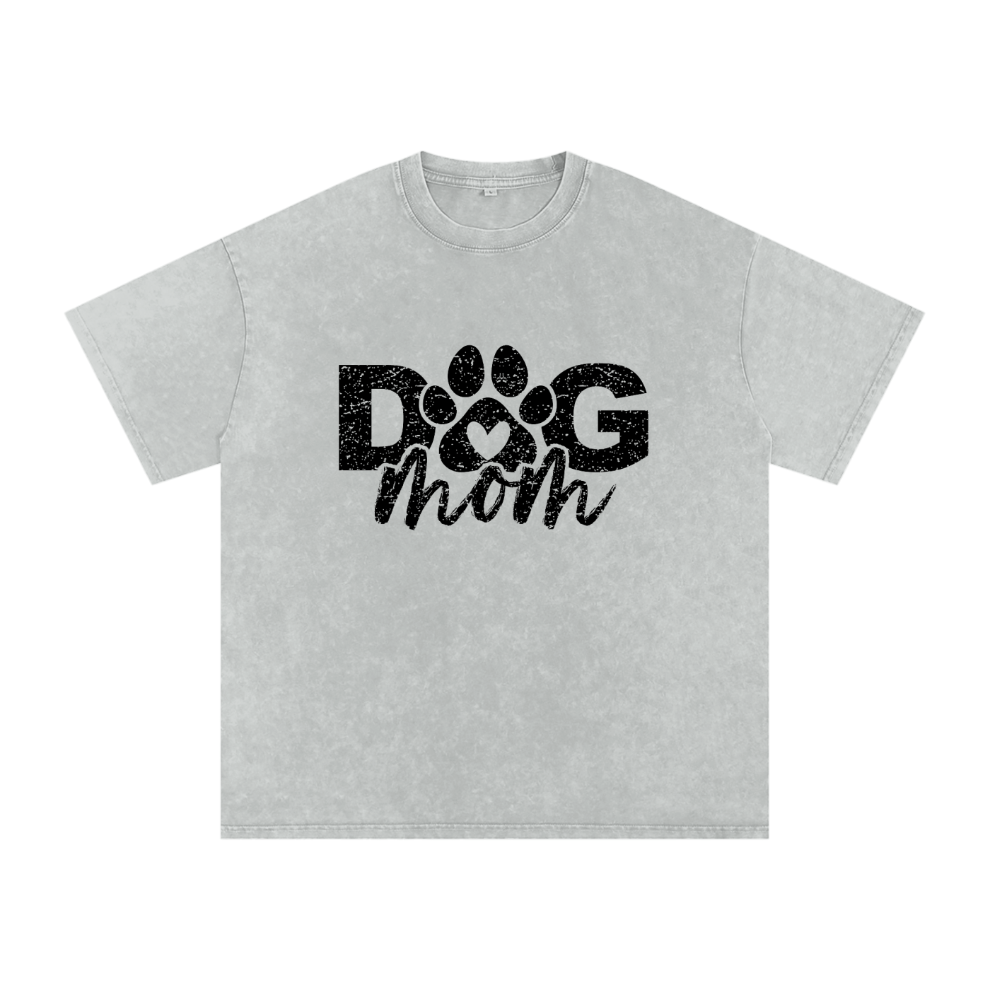 Dog Mom Distressed Paw Snow-Washed Tee in Light Gray, flat lay.