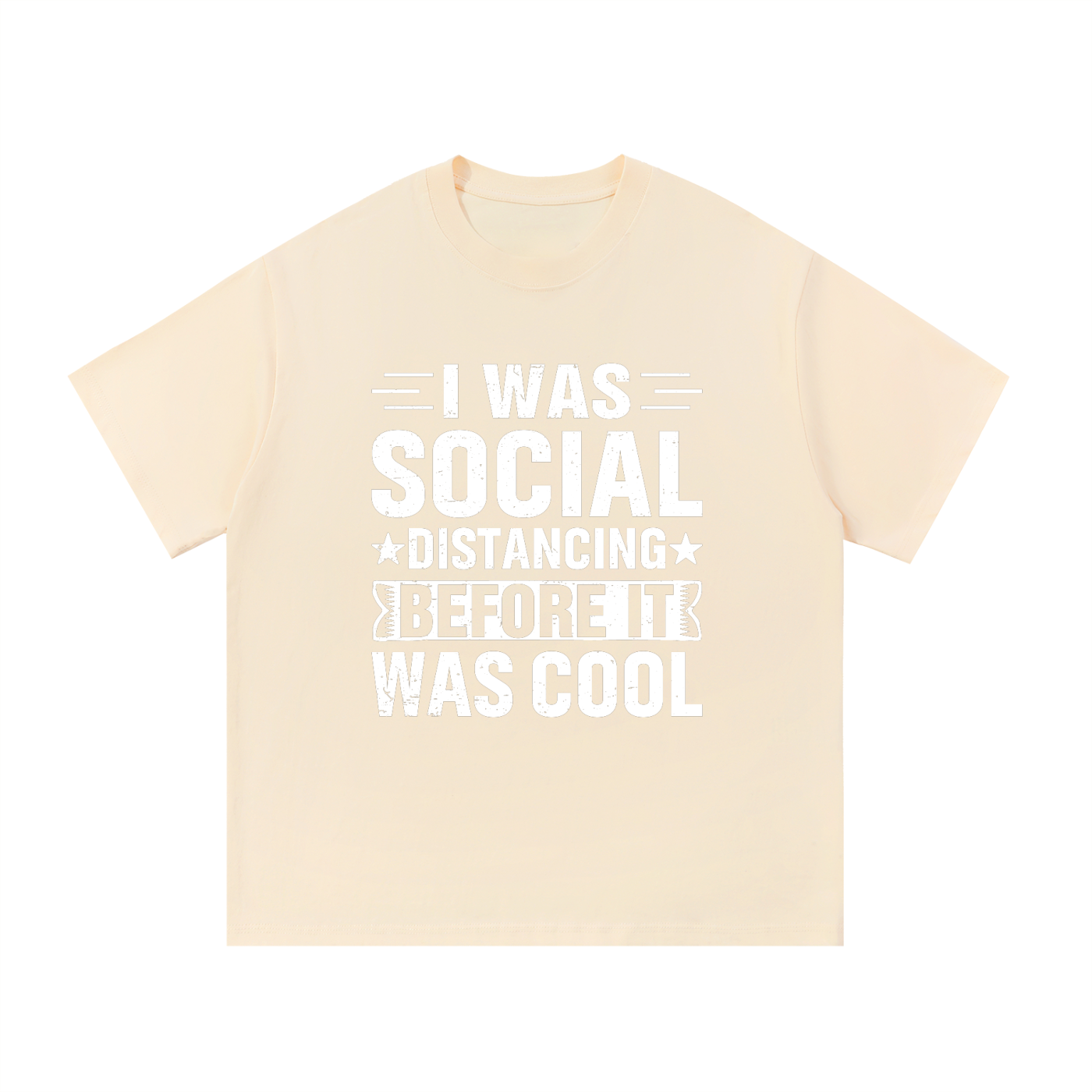Social Distancing Before It Was Cool Funny Tee in Apricot, flat lay.