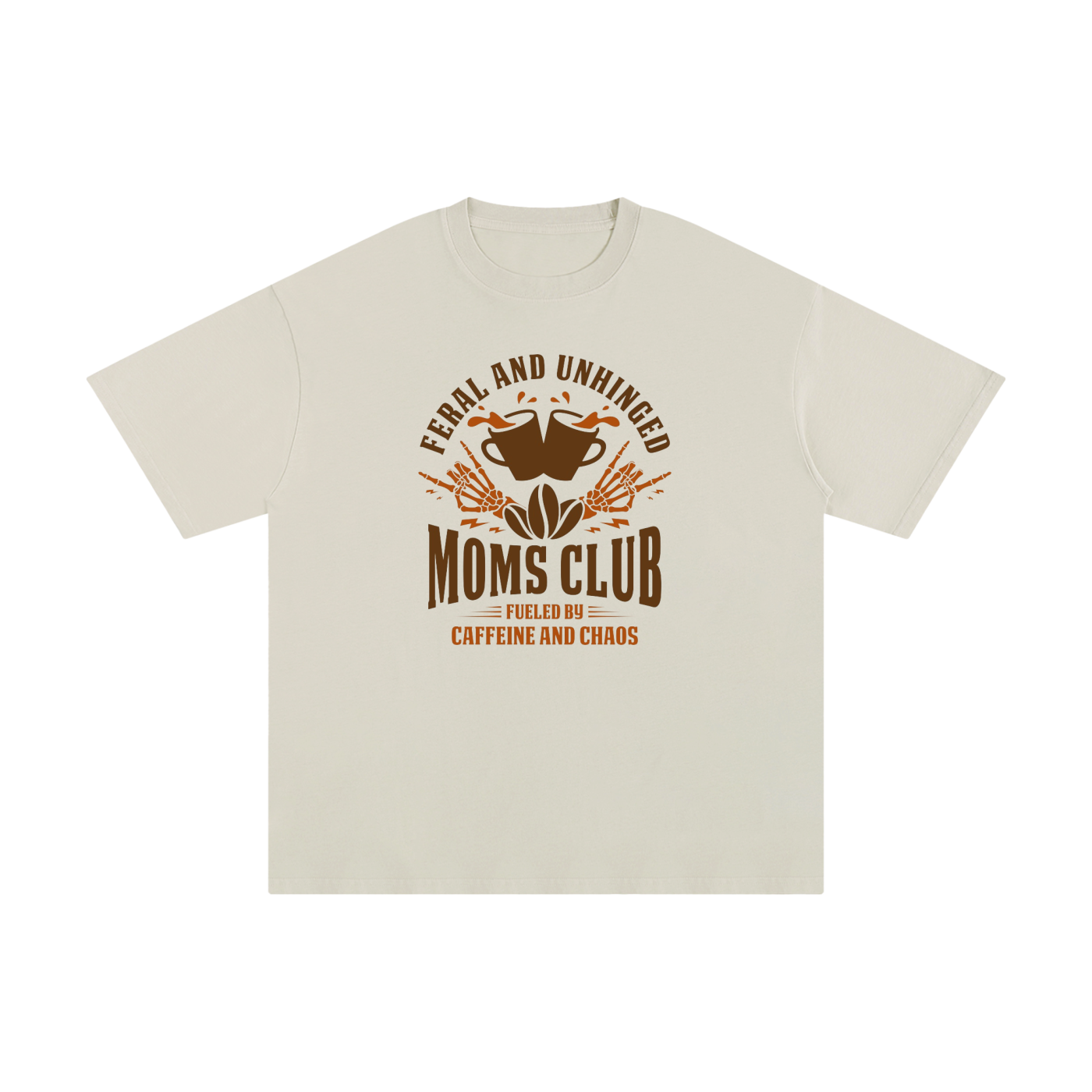 Feral And Unhinged Moms Club Coffee Badge Tee in Apricot, flat lay.