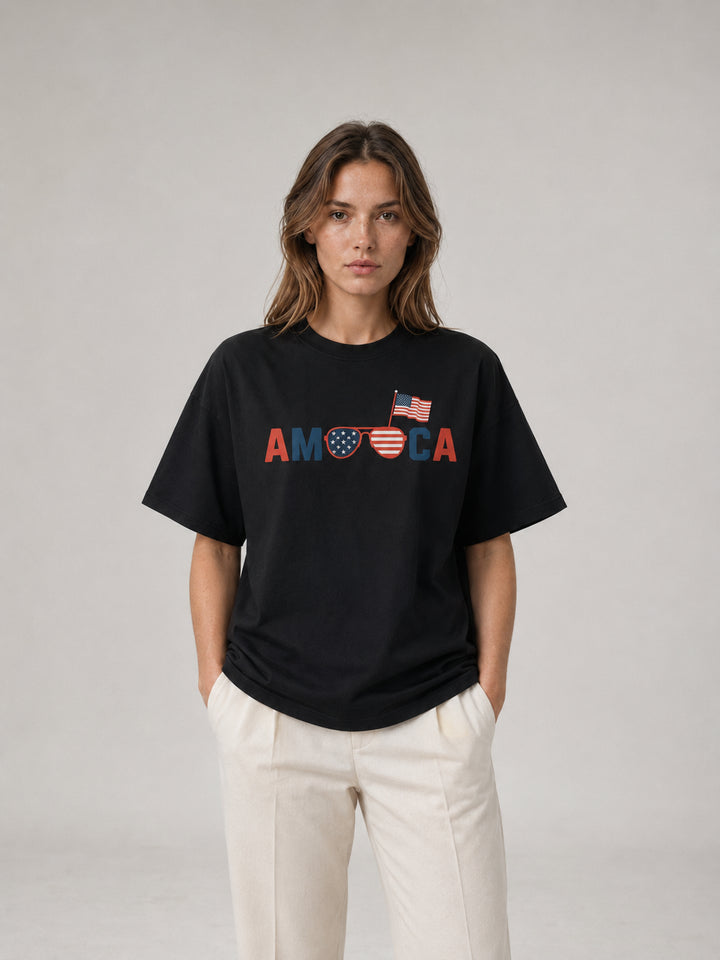 men graphic America Flag Sunglasses Oversized Cotton Tee