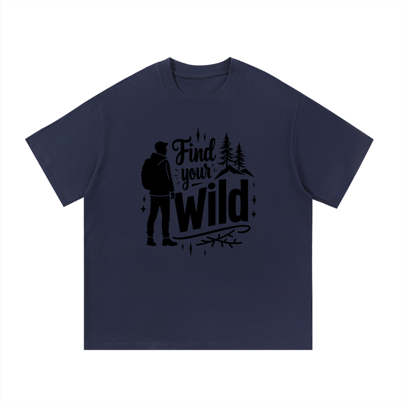 Find Your Wild Hand-Lettered Outdoor Tee in Navy Blue, flat lay.