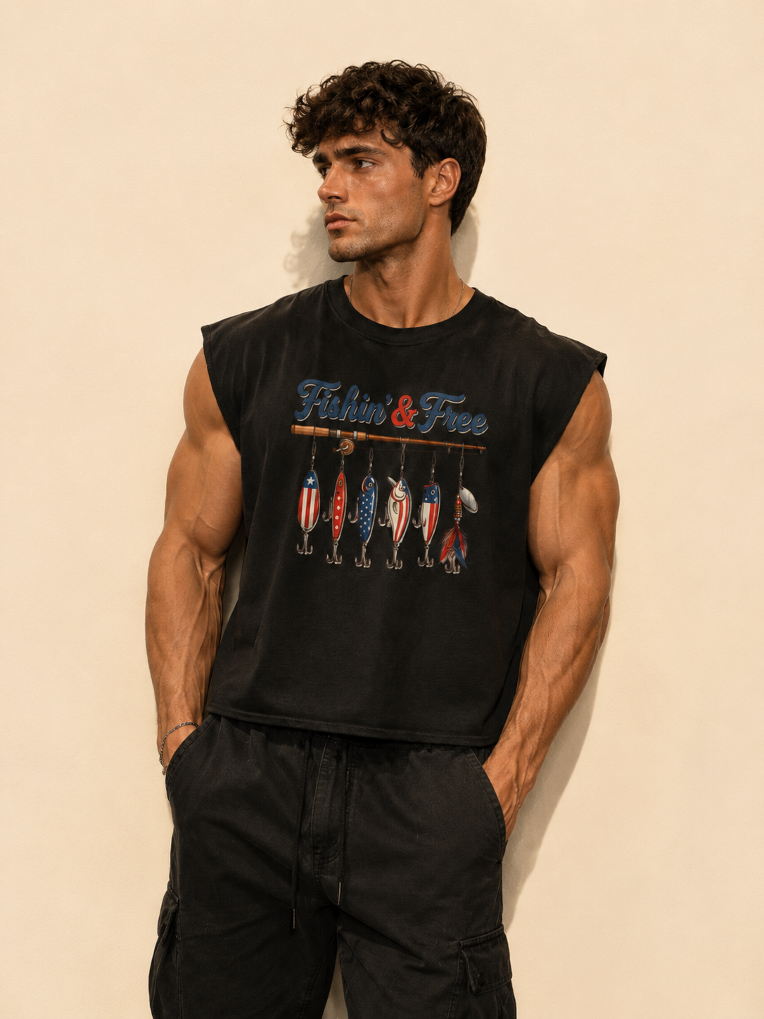 Fishin' And Free Lure Sleeveless Muscle Tank in Black, worn against a plain wall.